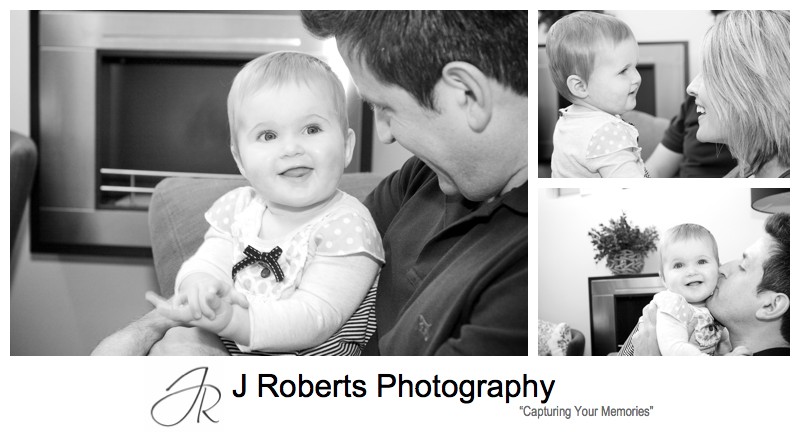 B&W portraits of little girl with parents - family portrait photography sydney