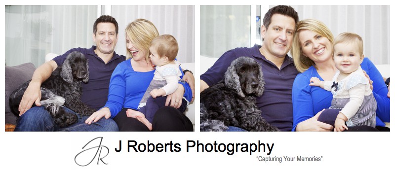 Family laughing with baby and family dog - family portrait photography sydney