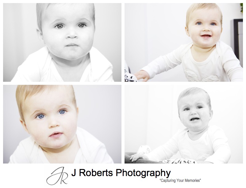 Portraits of a 9 month old girl in white jumpsuit - family portrait photography sydney