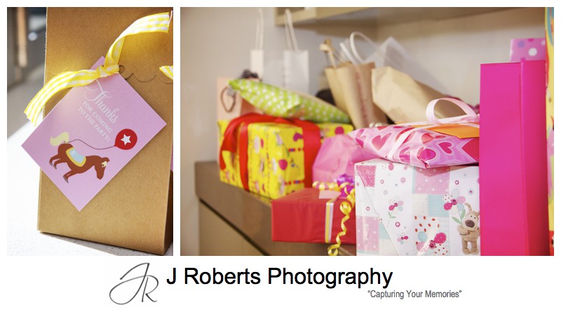 Presents and party favours at 1st birthday party - party photography sydney