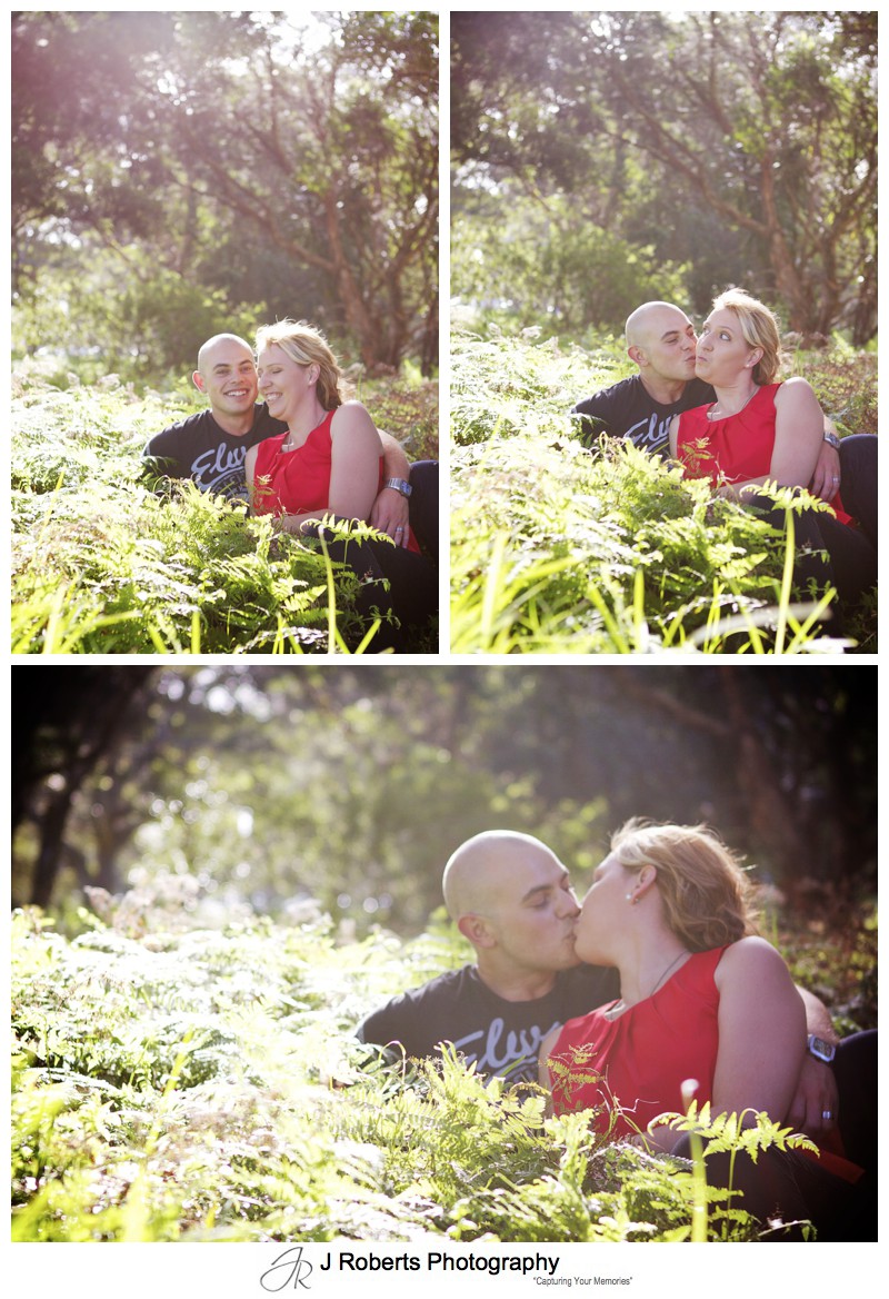 romantic couple in the bushes kissing centennial park - couple portrait photography - sydney