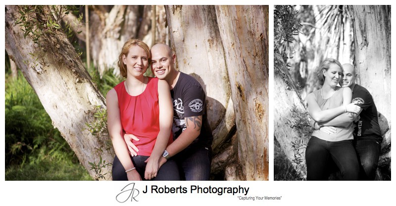 couple in trees hugging and posing centennial park - couple portrait photography - sydney