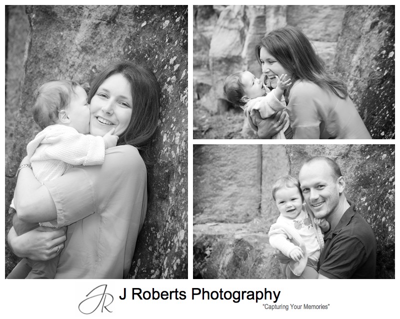 B&W portraits of baby girl with parents - family portrait photography sydney