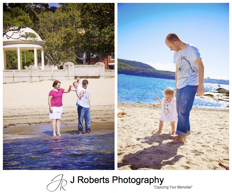 Toddler being swung through the water on balmoral beach - family portrait photography sydney