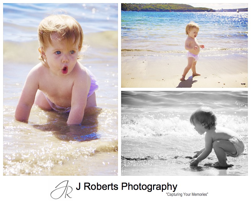 Baby girl playing in the water at Balmoral - family portrait photography sydney