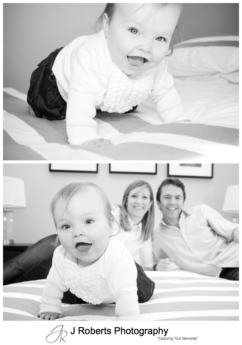 B&W portrait of baby girl laughing - family portrait photography sydney