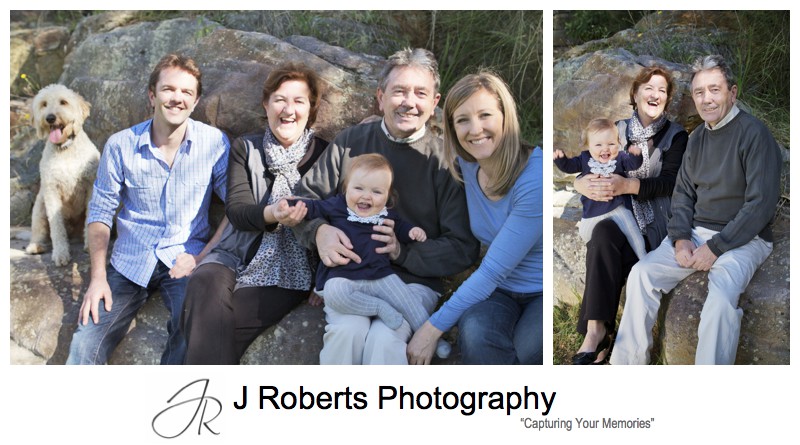 3 generations of a family portrait with family dog - family portrait photography sydney