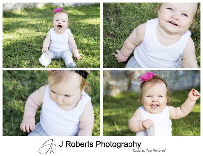 Little girl with pink flower head band laughing - portrait photography sydney