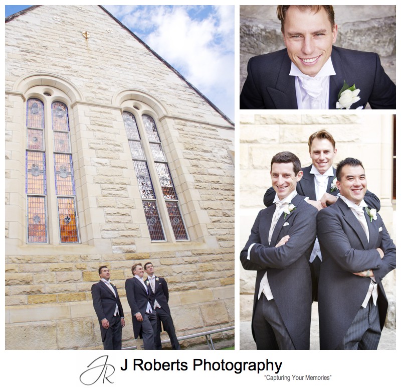 Groom with the sandstone of St Mary's Catholic Church Manly - wedding photography sydney