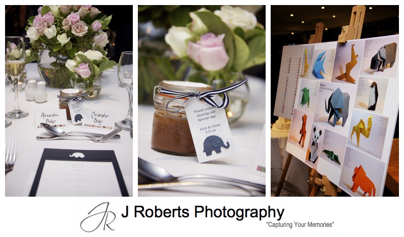 Wedding reception details with animal theme at Taronga Zoo Centre - wedding photography sydney
