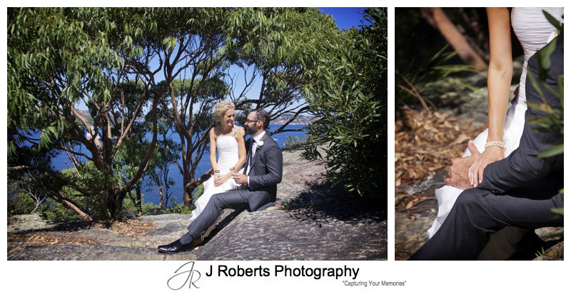 Couple portrait with Sydney coastal gum and sydney harbour as backdrop - wedding photography sydney