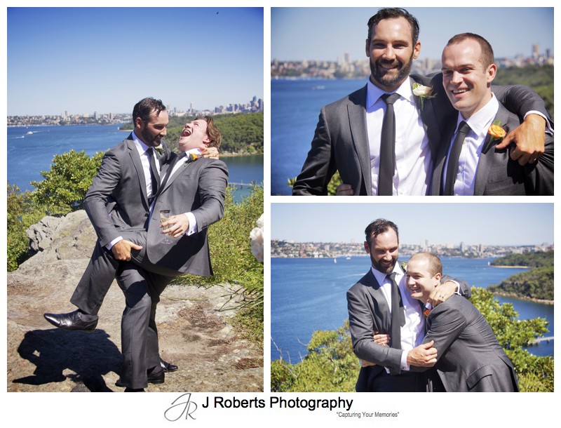 Groom mucking around with his groomsmen - wedding photography sydney