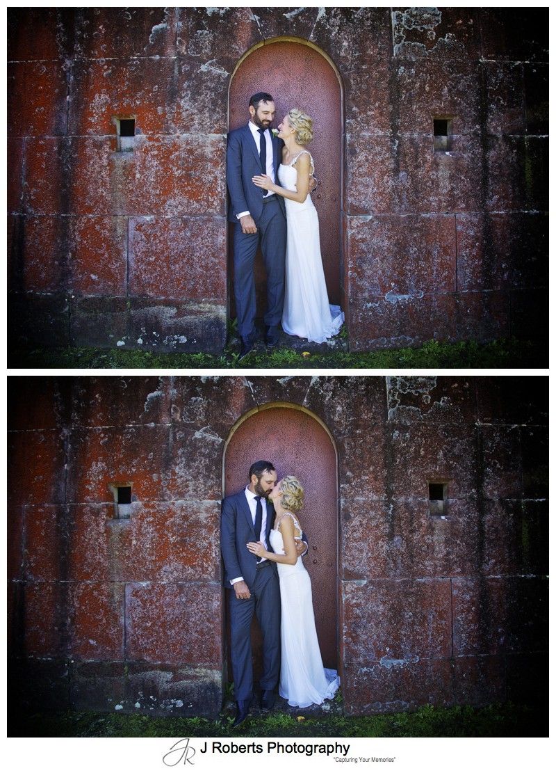 Bride and groom in an old doorway - wedding photography sydney