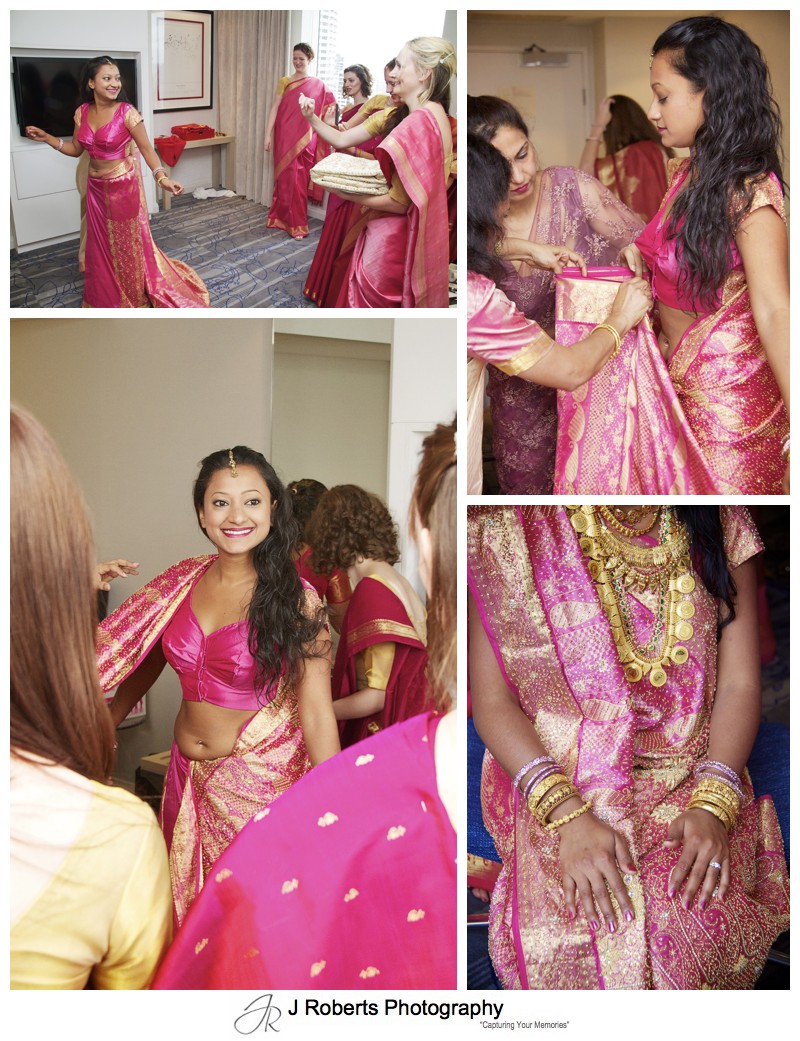 Colours of the girls getting ready for a hindu marriage blessing - wedding photography sydney