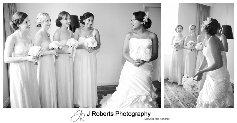 B&W bride laughing with bridesmaids - wedding photography sydney
