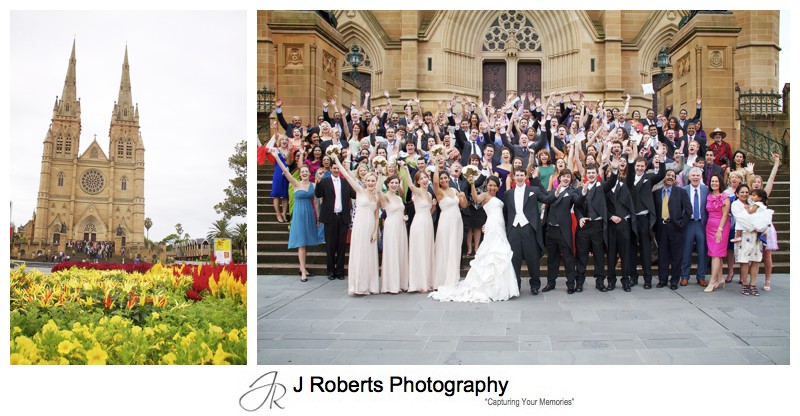 Guests celebrating outside St Mary's Cathedral - wedding photography sydney