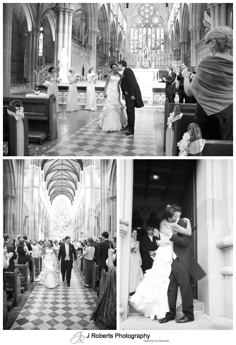 Bride and groom walking down the aisle at St Mary's Cathedral - wedding photography sydney