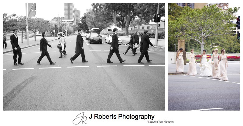 Bridal party walking across the road - wedding photography sydney