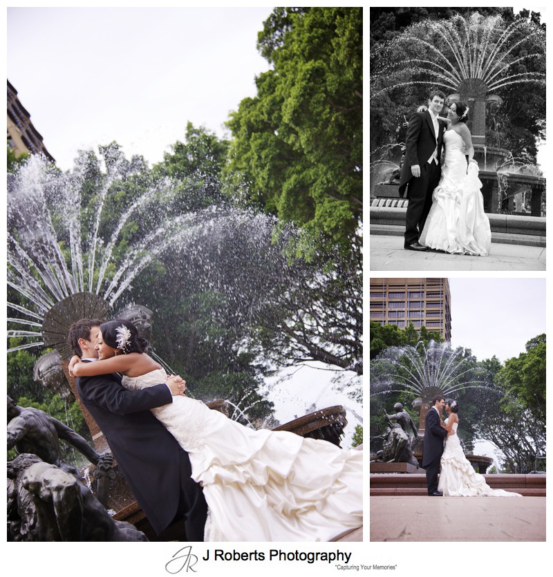 Bride and groom dancing in front of fountain at Hyde Park Sydney - wedding photography sydney