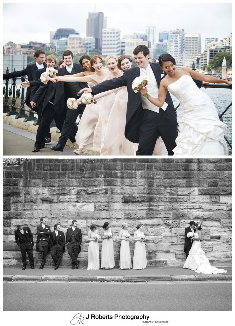 Bridal party having fun along Sydney foreshore - wedding photography sydney