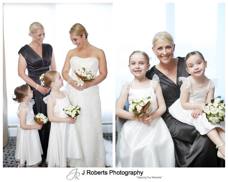 Bridesmaid in black with flowers girls in white - wedding photography sydney