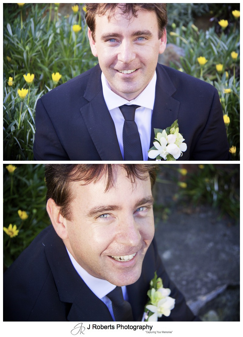 Groom smiling at the camera with yellow flowers - wedding photography sydney