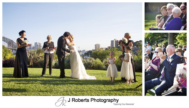 First kiss during wedding ceremony at Clark Park Lavender Bay - wedding photography sydney