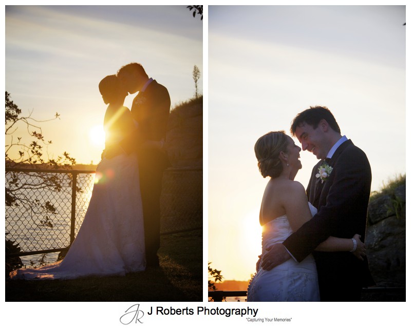 Bride and groom kissing into the sunset - wedding photography sydney