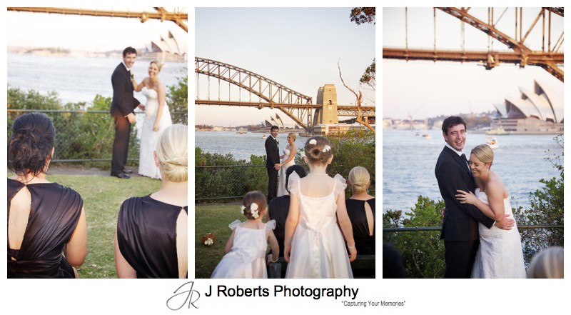 Bride and groom laughing with sydney harbour backdrop - wedding photography sydney