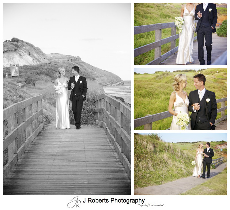 Bride and groom walking on bridge at Long Reef Golf Club - wedding photography sydney