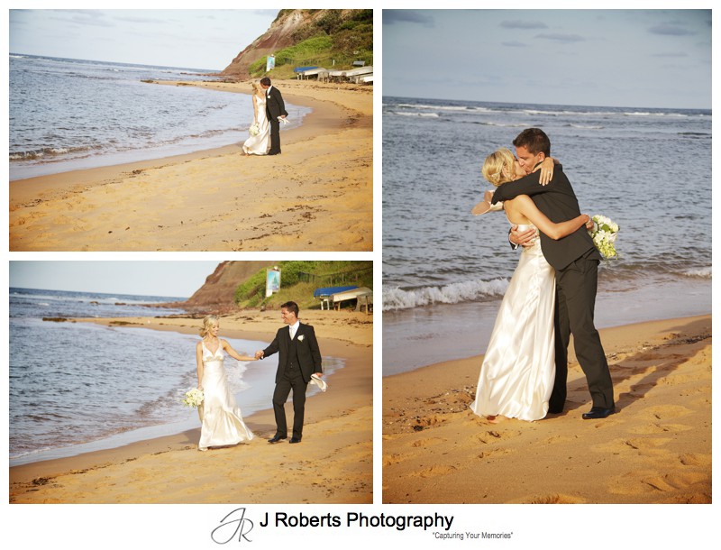Bride and groom walking along Long Reef Beach in setting sun - wedding photography sydney