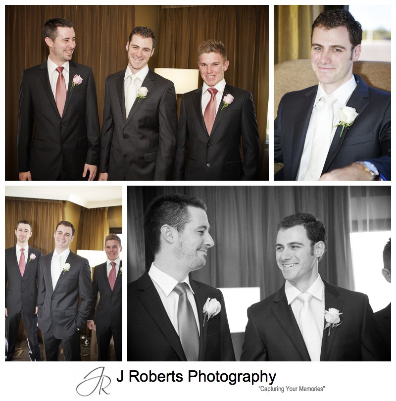Groom laughing with his groomsmen pre wedding - wedding photography sydney