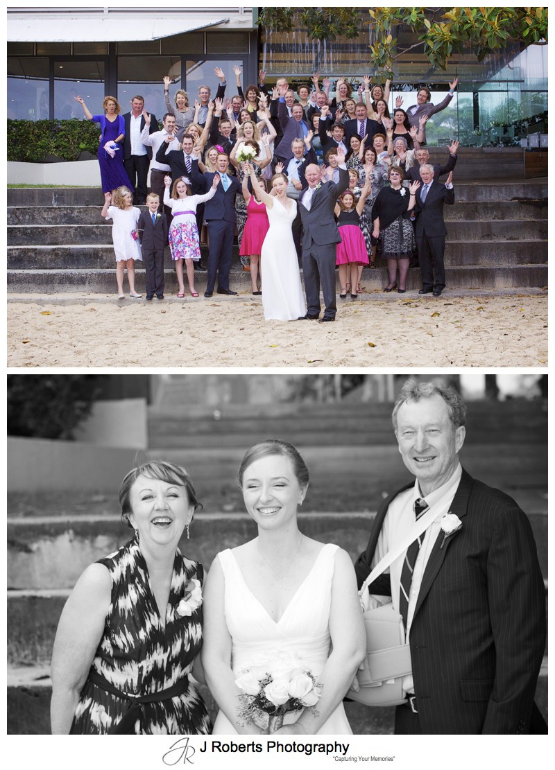 Whole group celebrating on the steps at the Baths Balrmoral - wedding photography sydney