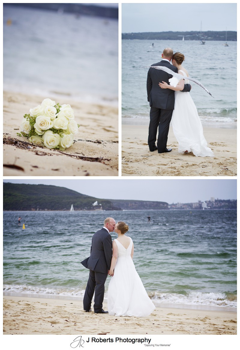 Bridal couple on an overcast windy day at Balmoral Beach - wedding photography sydney
