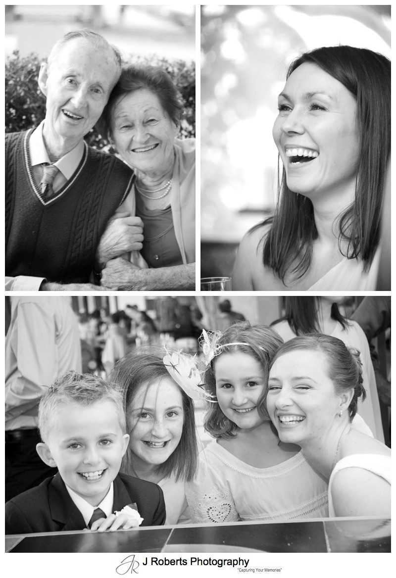 B&W Portraits of guests at wedding reception - wedding photography sydney
