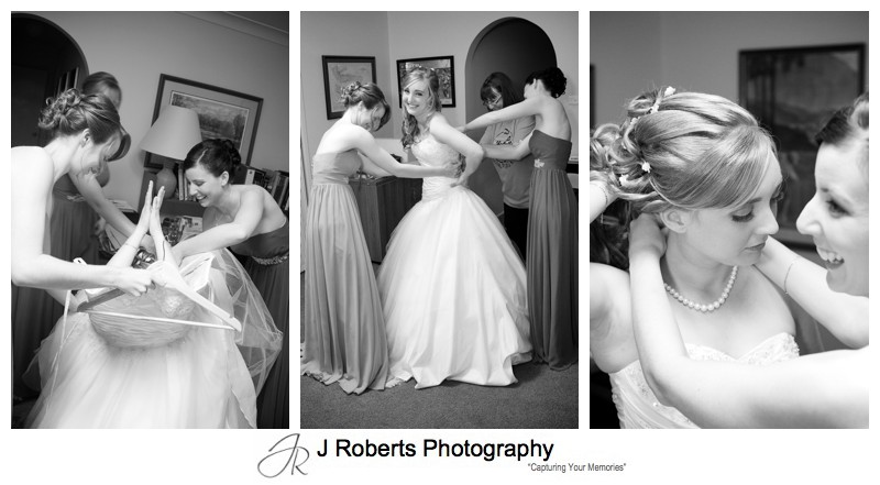 Bridal getting into her dress - wedding photography sydney