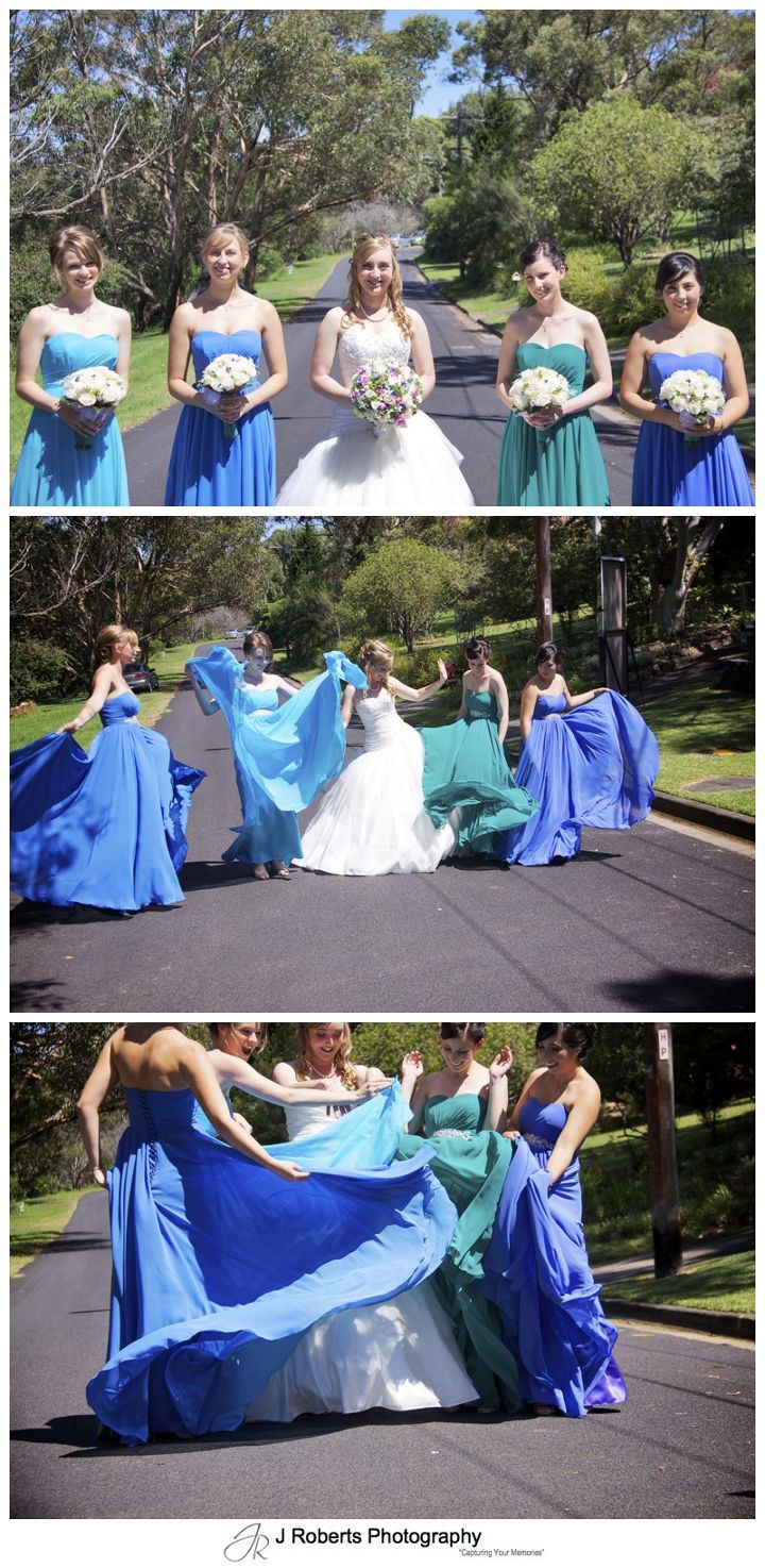 Bridemaids with swishy green, blue and purple dresses - wedding photography sydney