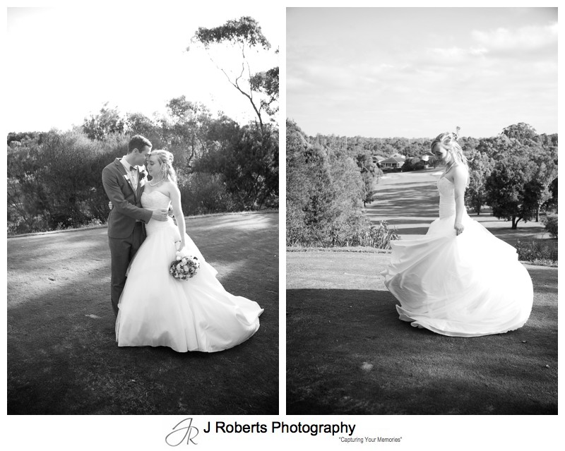 B&W portraits on golf course - wedding photography sydney