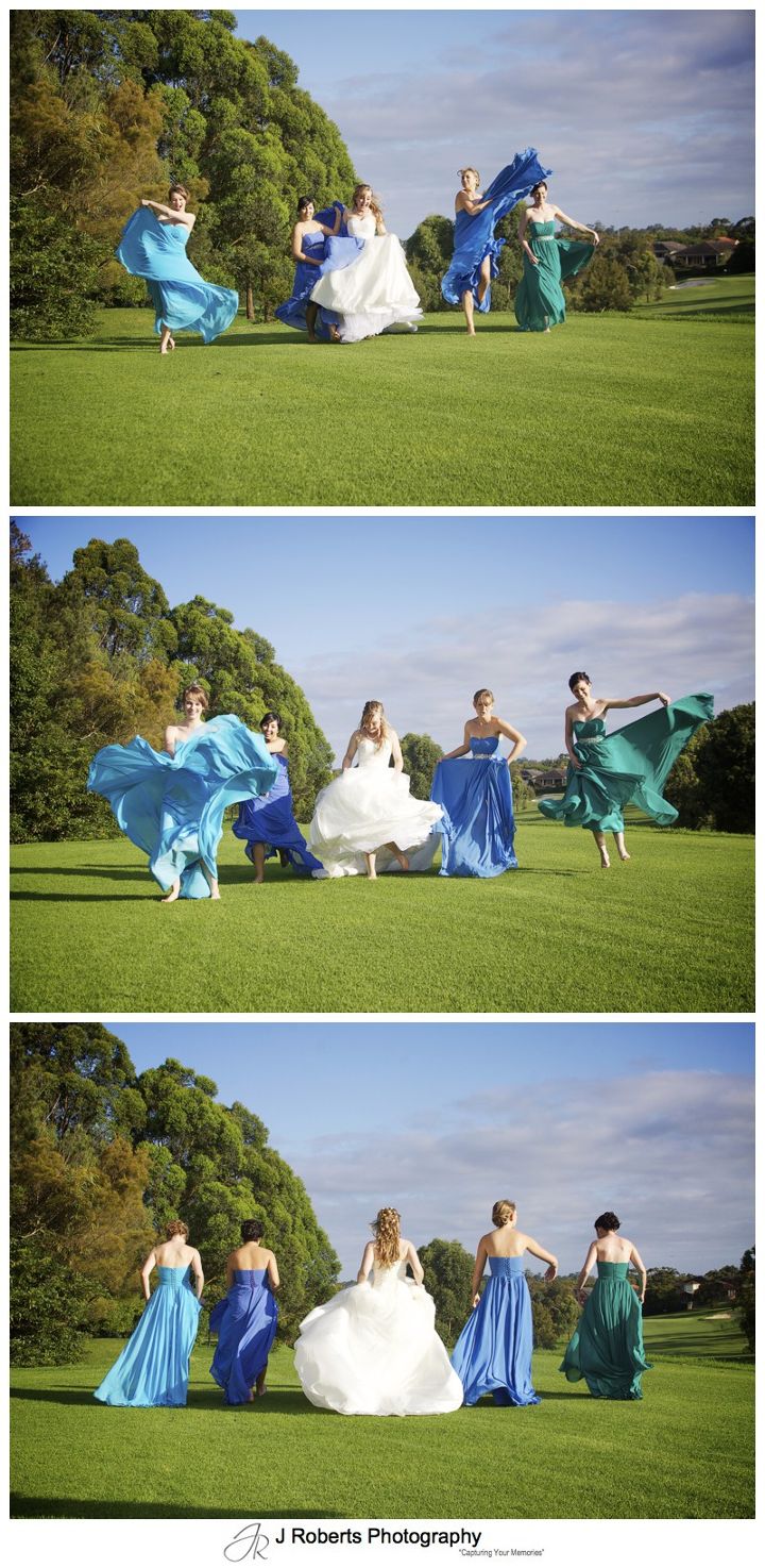 Bride and her bridesmaids skipping on a golf course - wedding photography sydney