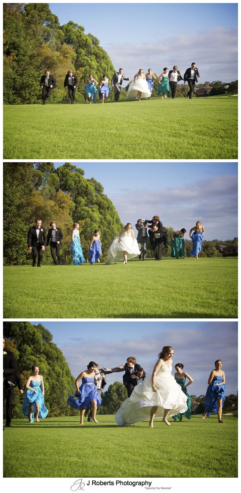 Bridal party running race - wedding photography sydney