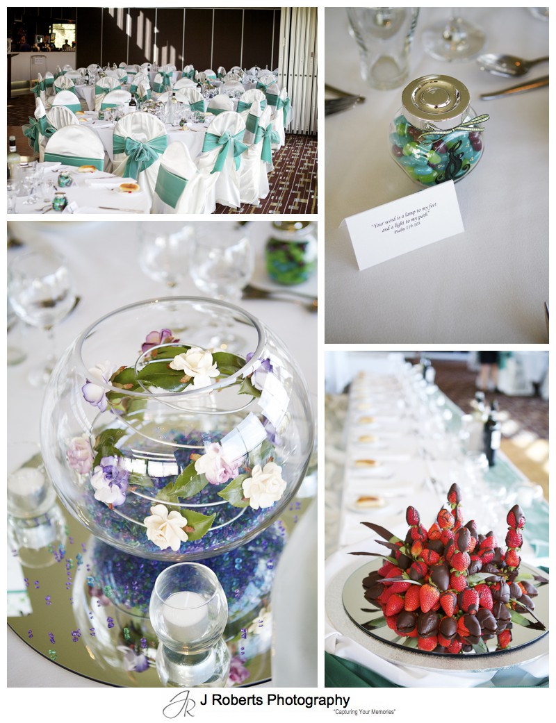 Table decorations in blue, green and purple - wedding photography sydney