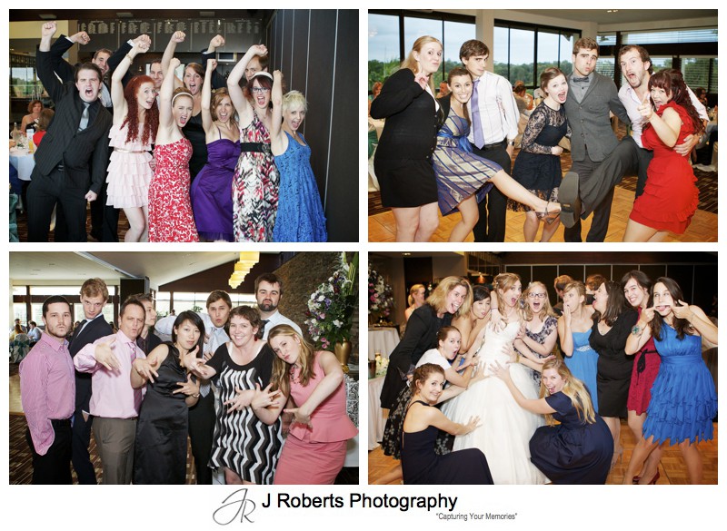 Group fun shots at wedding reception - wedding photography sydney
