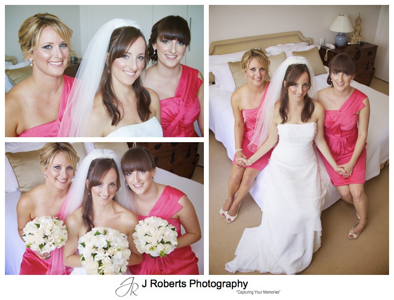 Bride with her bridesmaids in watermelon colour dresses - wedding photography sydney