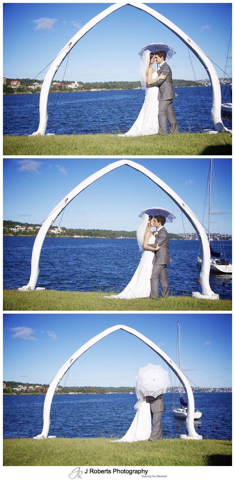 Bride and groom with parasol on Sydney Harbour - wedding photography sydney