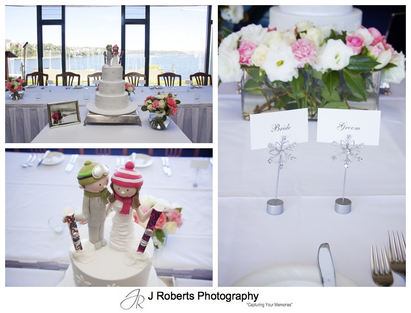 Reception details at the RSYS including skiing figures on wedding cake = wedding photography sydney