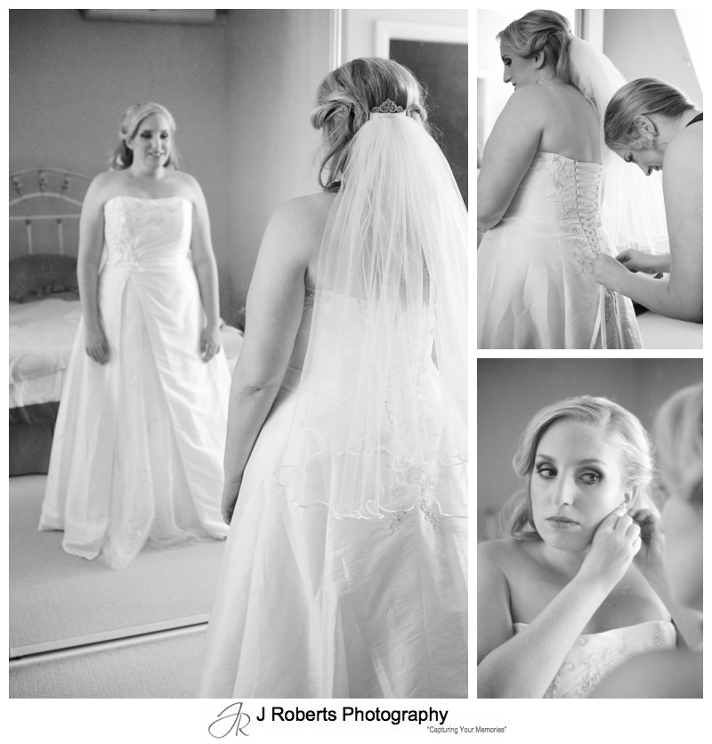 B&W portraits of a brides preparation - wedding photography sydney
