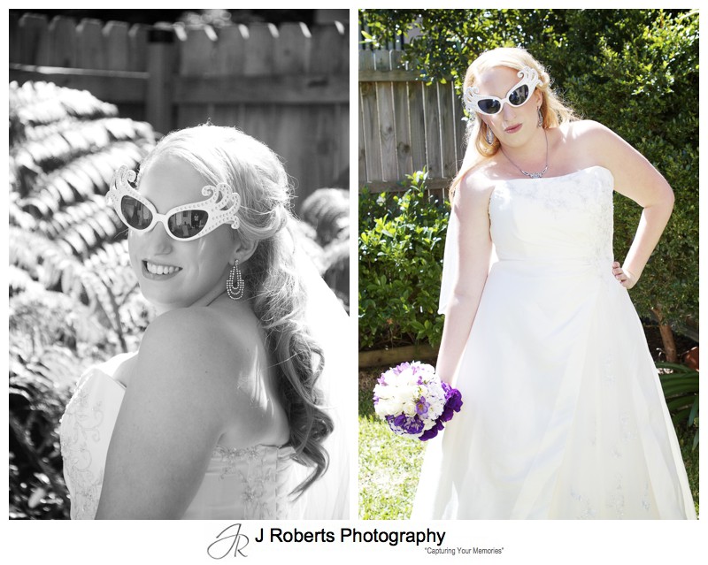 Bride with groovy sunglasses - wedding photography sydney