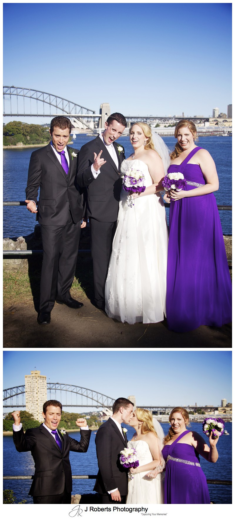 Bridal party celebrating with Sydney Harbour as backdrop - wedding photography sydney